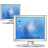 Two pixelated computer monitors with blue screens showing abstract light patterns and small icons on the left side, set against a gray background.