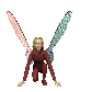 A crouching figure with blonde hair wears a maroon outfit and has two large, patterned wings—one pink with white dots, one teal with blue dots—changing color across frames.