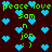 Pixelated green text and blue heart shapes on a dark brown background, with repeated phrases 'peace love' and 'sam n jon :)' scattered across the image.