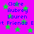 Purple background with green stars and blue text listing names Claire Aubrey Lauren and Friends E