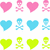 Pixelated heart-shaped icons in pink, blue, and green with skull-and-crossbones icons, and a large pink heart with scissors and bandage.