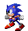 Pixel art of a blue anthropomorphic hedgehog in multiple running poses with red shoes and white gloves against gray background.