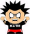 Pixelated cartoon character with spiky black hair, wide eyes, and a grinning mouth wearing a black shirt with white text and red shorts against a plain background.