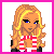 A 50x50 pixel animated contact sheet showing two frames: a cartoon girl with long blonde hair and blue eyes in a red-and-white striped top, followed by pink lips forming the word "muah!" on a white background.
