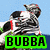 Pixelated cartoon dog with black and white fur, red accents on ears, standing against light blue background; green text boxes display 'BUBBA' and 'el maestro energia'.