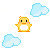 Pixel art chick with orange beak, pink cheeks, and white belly stands among light blue clouds on a white background.