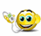 Yellow spherical emoji with blue eyes and black pupils, holding white earphones with green accents, smiling broadly across six