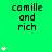 Green background with repeated 'camille and rich' text in black pixelated font, white star icons scattered across the image.