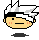 Pixel art head with white spiky hair, black band across forehead, yellow face, two pink cheek marks, and a straight mouth expression.