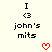 Pixelated icon with repeated text "I <3 john's mits" and red heart symbols on a light background.