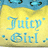 Static pixel art icon with yellow background, blue text reading "Juicy Girl", and small blue dots scattered around the text.