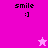 Pixelated smiley face with text 'smile :]' on pink and light pink backgrounds, featuring a white star in top-right and magenta star in bottom-left.