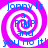 A static image with a pink and white spiral background displaying blue text that reads "jonny is a PIMP and you no it!" in four identical quadrants.