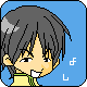 Pixelated character with dark gray hair and yellow shirt against blue background, showing two facial expressions in a