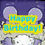 Pixelated birthday-themed image with four distinct sections: purple mouse ears, yellow flowers, a cake with cherries, and text overlays.