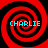 Four identical red and black spiral patterns arranged in a , each containing cyan text reading "CHARLIE" in pixelated font