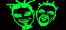 Static pixelated green icon featuring two stylized theatrical masks on a black background, with visible dithering and low-resolution rendering artifacts.