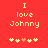 Red background with yellow pixelated text "I love Johnny" and five heart symbols below, where the third heart is pink.