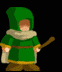 Pixelated character in green hooded robe with beige collar and brown belt holds wooden staff with purple glowing tip against black background.