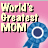 Pixelated pink background with cream-colored text reading "World's Greatest MOM" and a blue ribbon symbol on the right.
