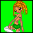 Pixelated doll with orange-blonde hair in green bikini top and skirt, seated on white surfboard against bright green background, with 'March' text visible.