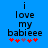 Blue background with black text reading 'i love my babieee' and five red/pink heart symbols below, showing animation where the middle pink heart alternates between two states.