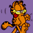 Pixelated orange cat with black stripes wearing yellow glasses and red bow tie against purple background, static single-frame image.