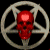 Red skull centered within a metallic pentagram on black background, green text 'Original Icons .com' on right side.