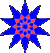 Nine identical blue star-shaped icons with red geometric patterns on a gray background, arranged in three of three