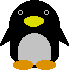 Two pixelated penguin icons side-by-side on a gray background, one with arms at sides and the other waving.