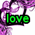 A four- displays sequential text: 'love' in green, 'is' in cyan, and 'forever' in red, each within a black outline against a purple floral background