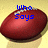 A red football with white laces on a light brown background, displaying blue pixelated text that reads "Who Says Girls Can't Play Football" across three separate