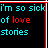 Pixelated cyan and red text on black background with repeated phrases about love stories, featuring a blue 'you' symbol in multiple lines.