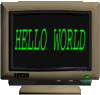Multiple beige CRT monitors display green text on black screens, showing variations of 'HELLO WORLD' with partial letter sequences.