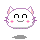 Pixelated white cat head with pink inner ears, black eyes, and pink cheeks in three expressions: smiling, closed-eye, and neutral.