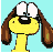 Pixelated yellow dog with brown ears and black nose, large white eyes on light blue background, text below reads "Odie! Odie!" in pink letters.