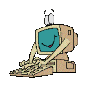 Animated cartoon computer with teal screen, beige body, and white eyes typing on keyboard against gray background.
