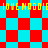 Pixelated red and cyan checkered pattern with yellow text repeating 'IOVE MADDIE' across top and bottom, transitioning from square to diamond shapes.