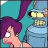A cartoon-style image shows a purple-haired character with a white tank top and a blue robot with yellow eyes and a grid-patterned mouth, both facing left against a teal background.