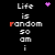 A 3x2 contact sheet of six animated frames showing pixelated text "Life is random so am i" with color variations on the word "random" and small colored stars scattered around, all on a black background.