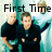 Two pixelated figures in dark clothing stand against a teal background with 'First Time' text above them.