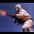 Pixelated figure in white and brown clothing holding a glowing pink object against blue background.