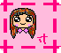 Pixelated cartoon character with multicolored hair and pink star-shaped necklaces on two backgrounds, one pink with plus signs and rectangles, the other black with matching shapes.