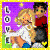 Pixelated cartoon image of a couple embracing with text overlays, featuring yellow text on white background and purple frame with "LOVE" vertically aligned.