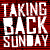 Red and white pixelated text with 'TAKING BACK SUNDAY' and 'LOUDER NOW' on a glitchy background, featuring circular audio waveforms at the bottom left.