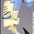 Pixelated cartoon face with light skin, blue eye, black eyelashes, and brown hair, set against a gray background with blue and red elements.