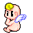 Pixelated angel icon with yellow hair, blue wings, and pink skin in two poses against gray background.