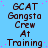 Blue background with repeated dark brown text "GCAT Gangsta Crew At Training" and scattered pink dots, no visible animation changes.