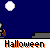 Pixel art animation of a ghost-like figure holding a brown trick-or-treat bag, standing on a gray step under a dark blue night sky with white circular lights.
