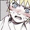 Anime-style character with spiky blonde hair, blue eyes, and red blush marks on cheeks, wearing a white shirt with black outlines.
